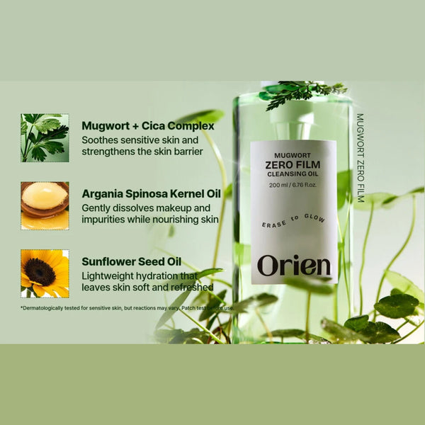 Orien Double Cleansing Duo Set key ingredients - Mugwort + Cica Complex, Argania Spinosa Kernel Oil, Sunflower Seed Oil